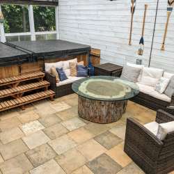 Pecan Medley - DekTek Tile concrete tile deck installed in three season porch